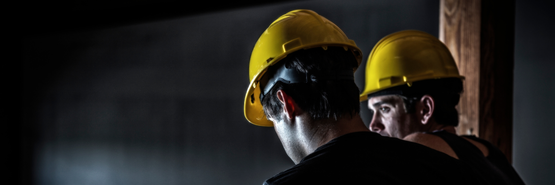 Two construction workers talking at night